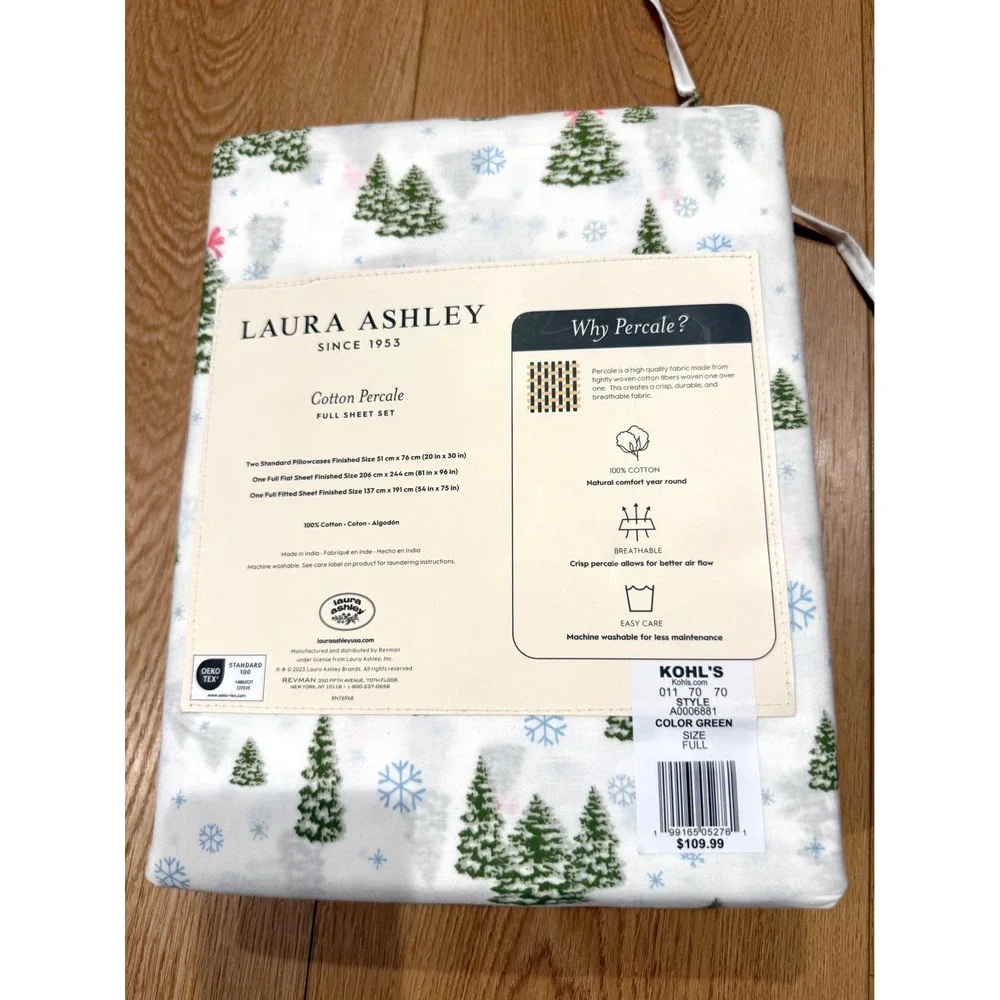 Laura Ashley Full Sheet Set White Green New Christmas Tree Percale Cotton 4pc